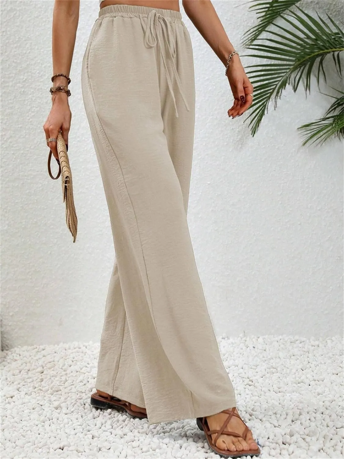 QegarTop Women's Linen Summer Palazzo Pants 2024 Flowy Wide Leg Beach Boho Trousers with Pockets