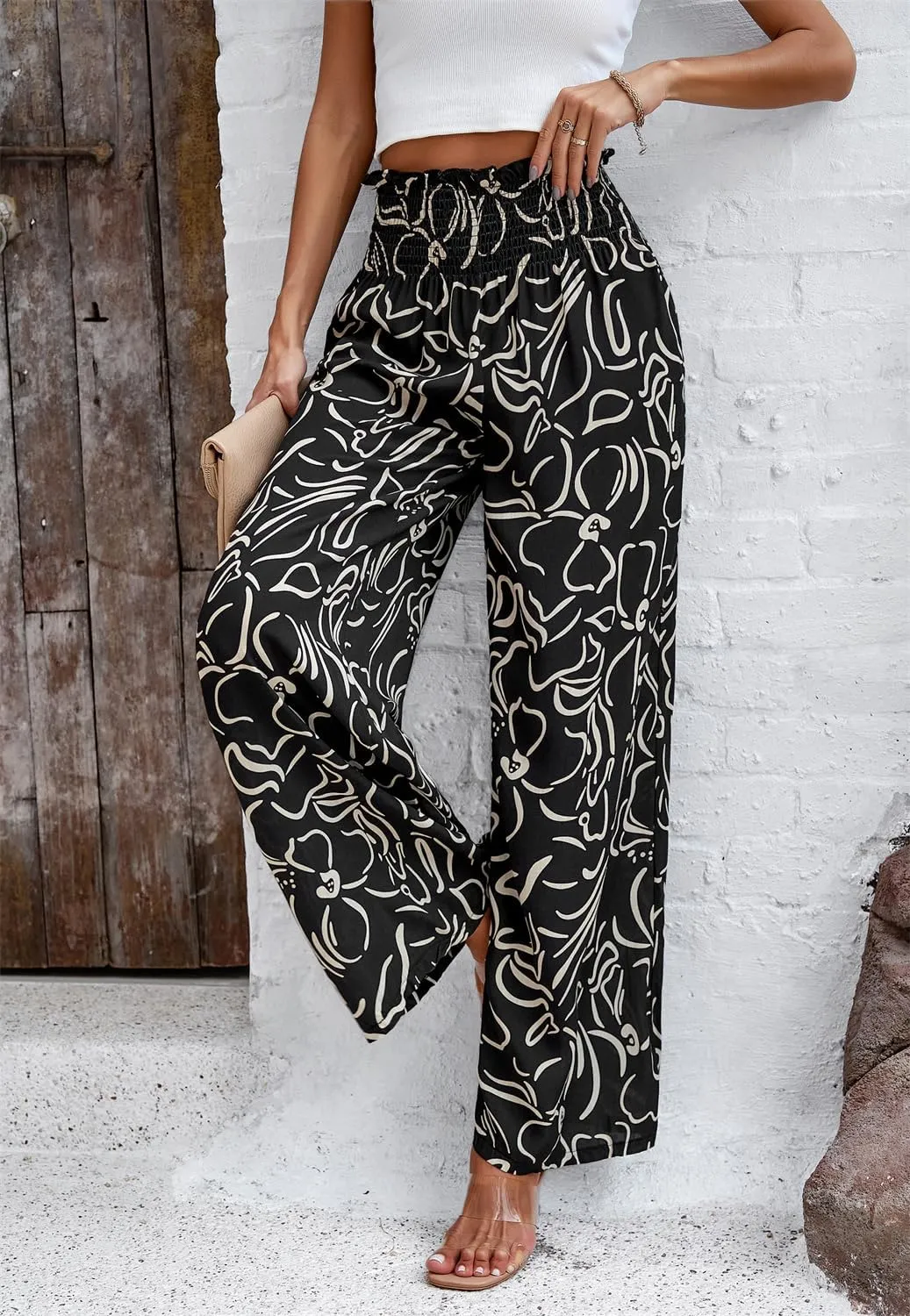 QegarTop Women's Linen Summer Palazzo Pants 2024 Flowy Wide Leg Beach Boho Trousers with Pockets
