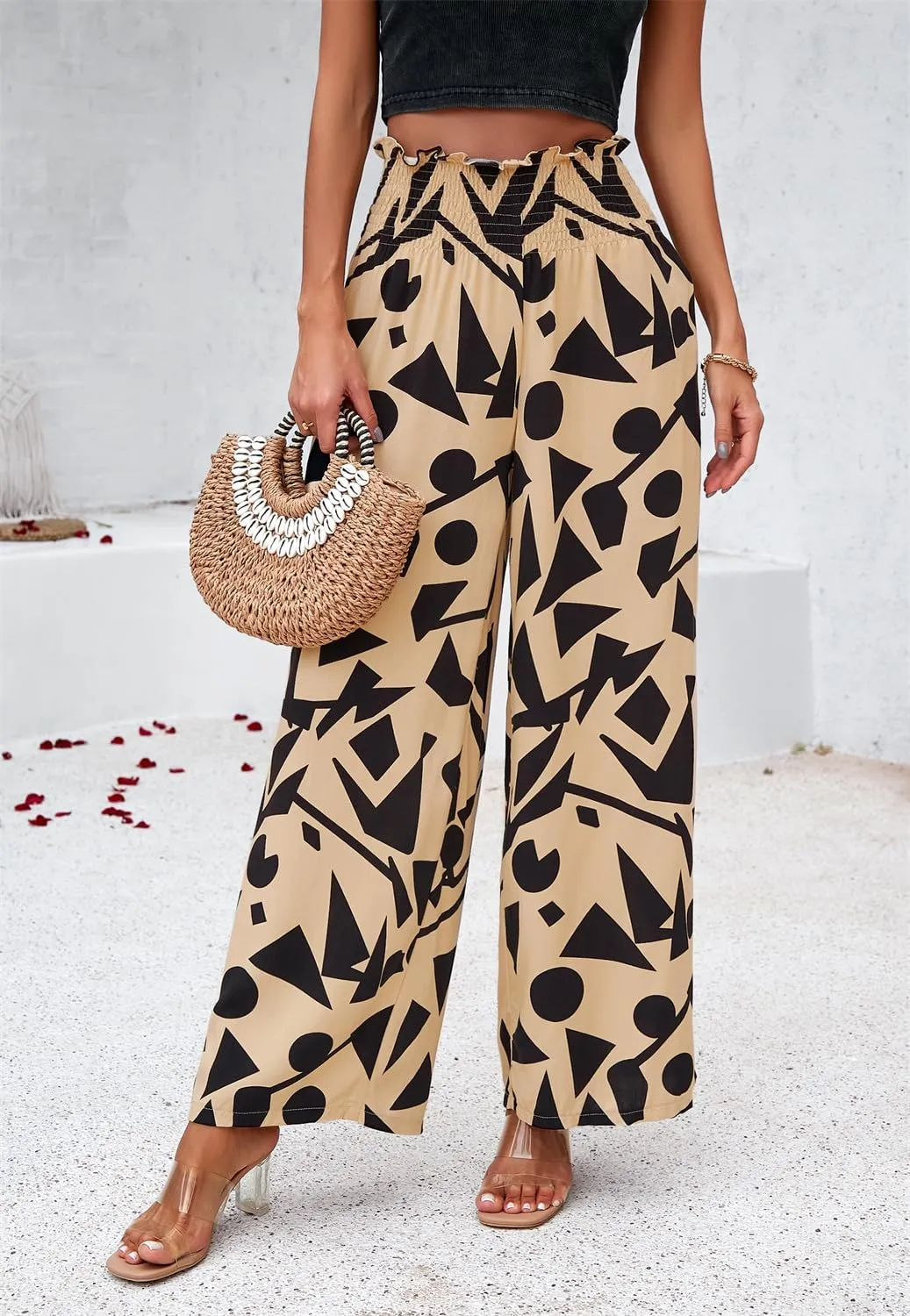 QegarTop Women's Linen Summer Palazzo Pants 2024 Flowy Wide Leg Beach Boho Trousers with Pockets