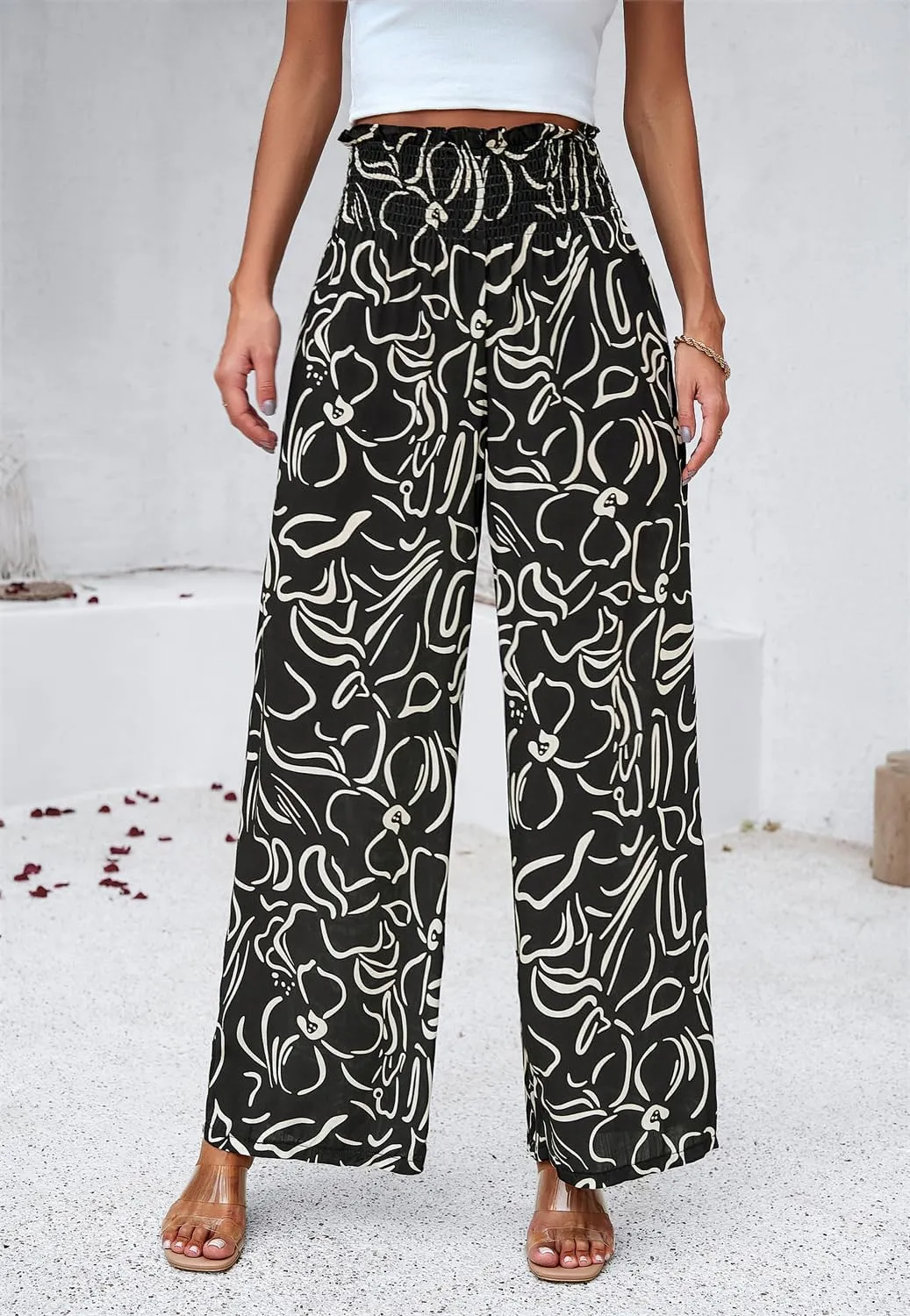 QegarTop Women's Linen Summer Palazzo Pants 2024 Flowy Wide Leg Beach Boho Trousers with Pockets