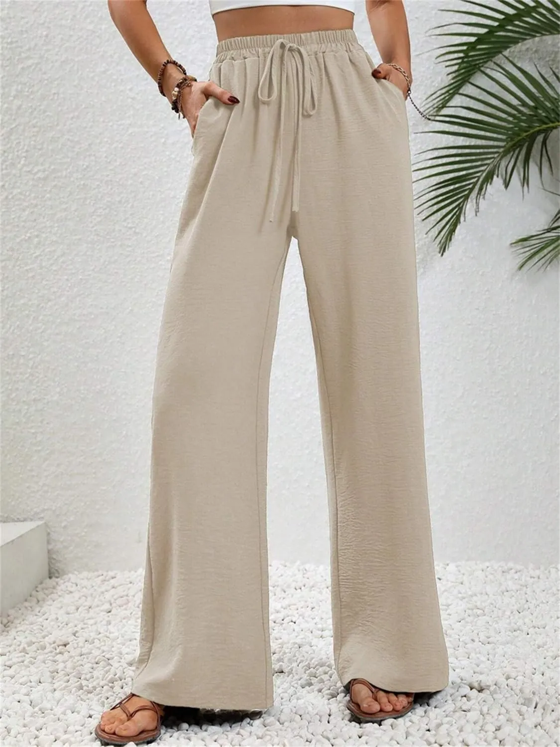 QegarTop Women's Linen Summer Palazzo Pants 2024 Flowy Wide Leg Beach Boho Trousers with Pockets