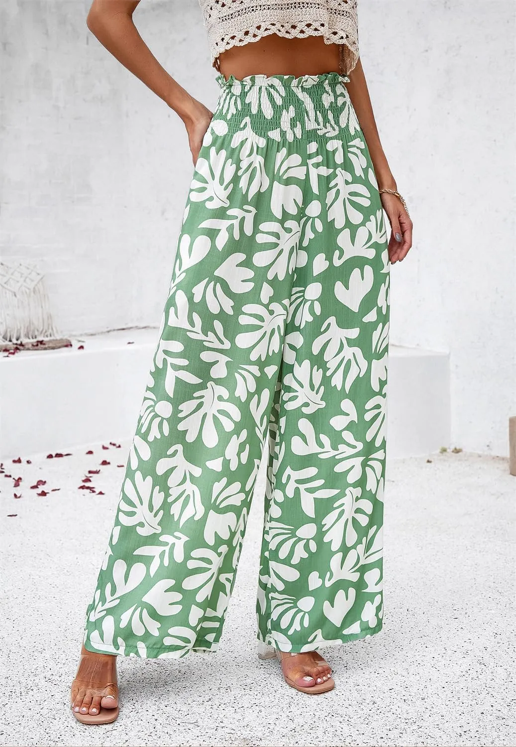 QegarTop Women's Linen Summer Palazzo Pants 2024 Flowy Wide Leg Beach Boho Trousers with Pockets