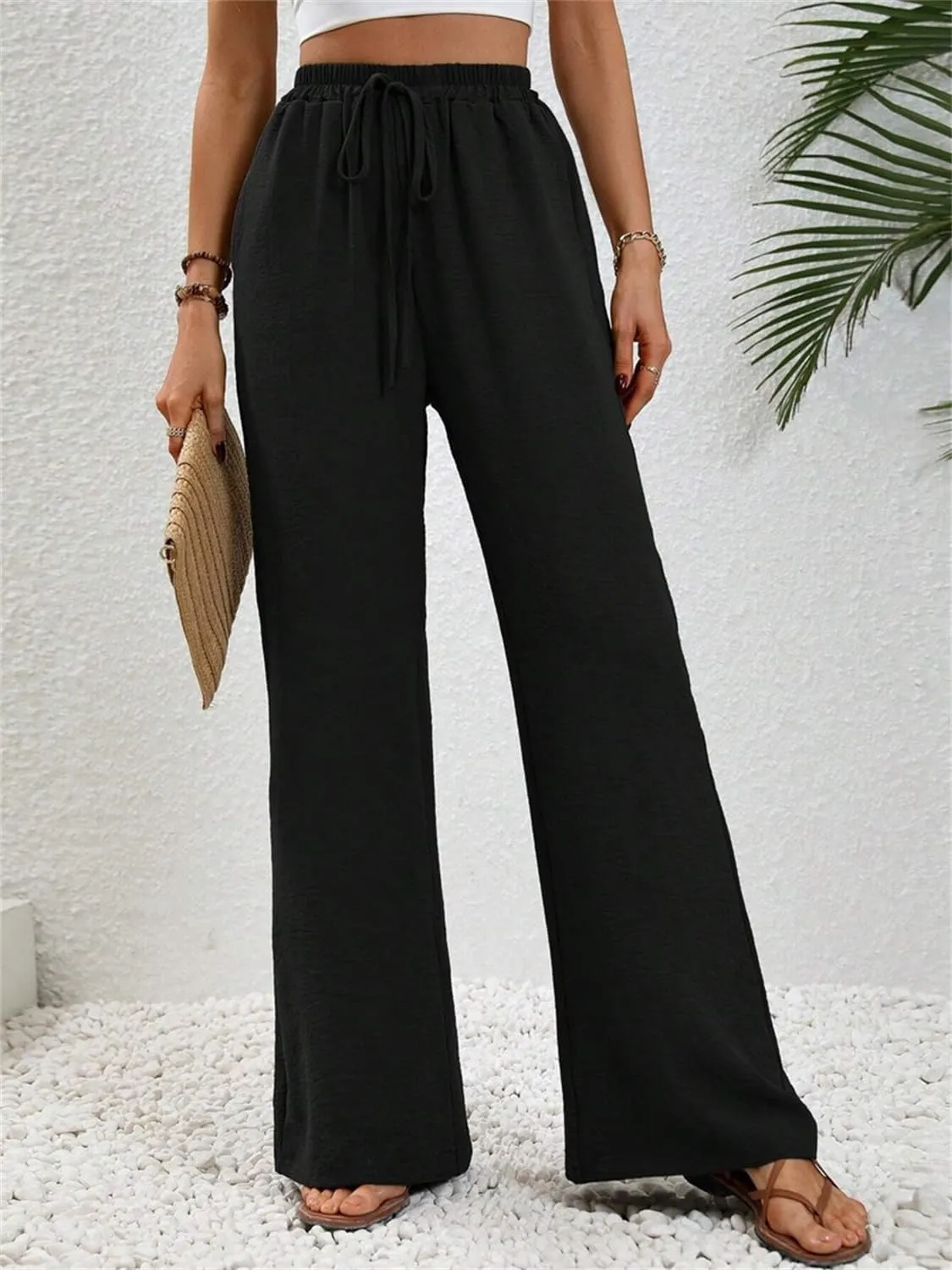 QegarTop Women's Linen Summer Palazzo Pants 2024 Flowy Wide Leg Beach Boho Trousers with Pockets