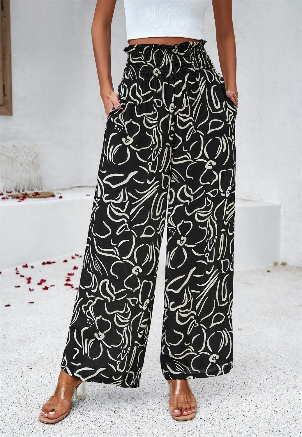 QegarTop Women's Linen Summer Palazzo Pants 2024 Flowy Wide Leg Beach Boho Trousers with Pockets