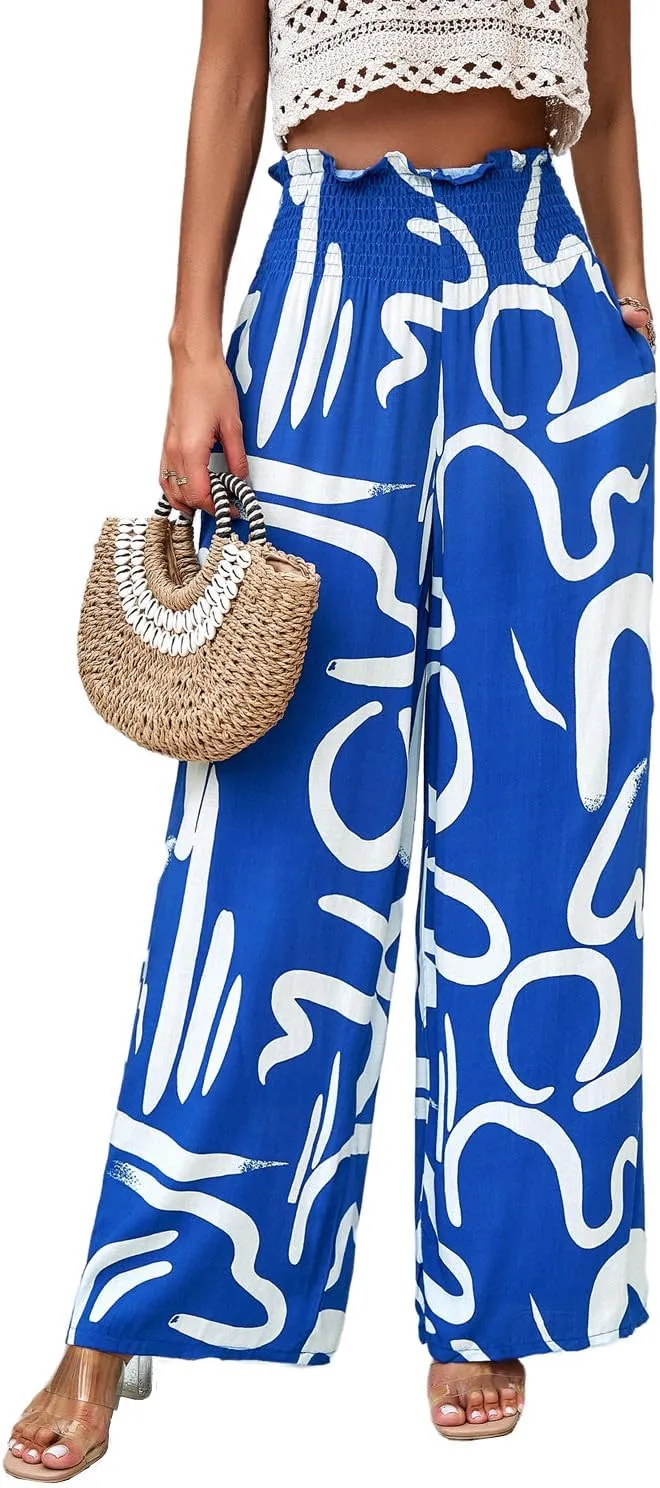 QegarTop Women's Linen Summer Palazzo Pants 2024 Flowy Wide Leg Beach Boho Trousers with Pockets