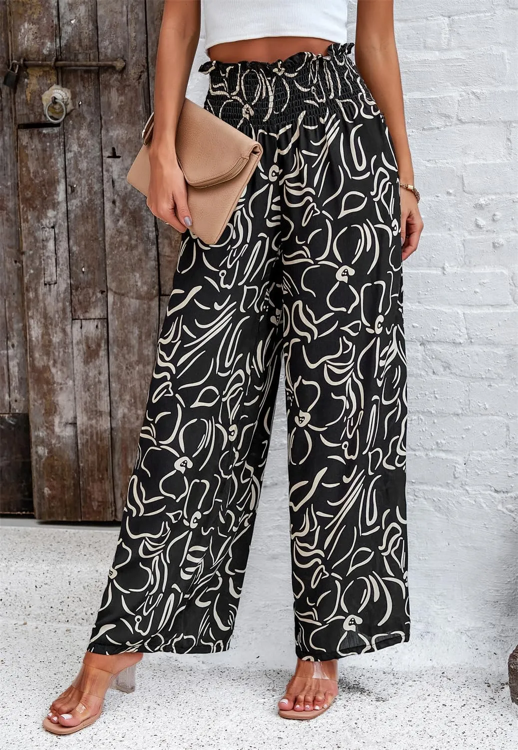 QegarTop Women's Linen Summer Palazzo Pants 2024 Flowy Wide Leg Beach Boho Trousers with Pockets