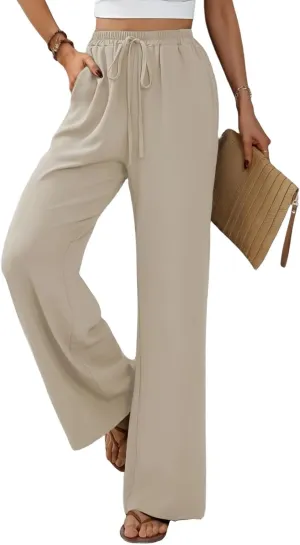 QegarTop Women's Linen Summer Palazzo Pants 2024 Flowy Wide Leg Beach Boho Trousers with Pockets
