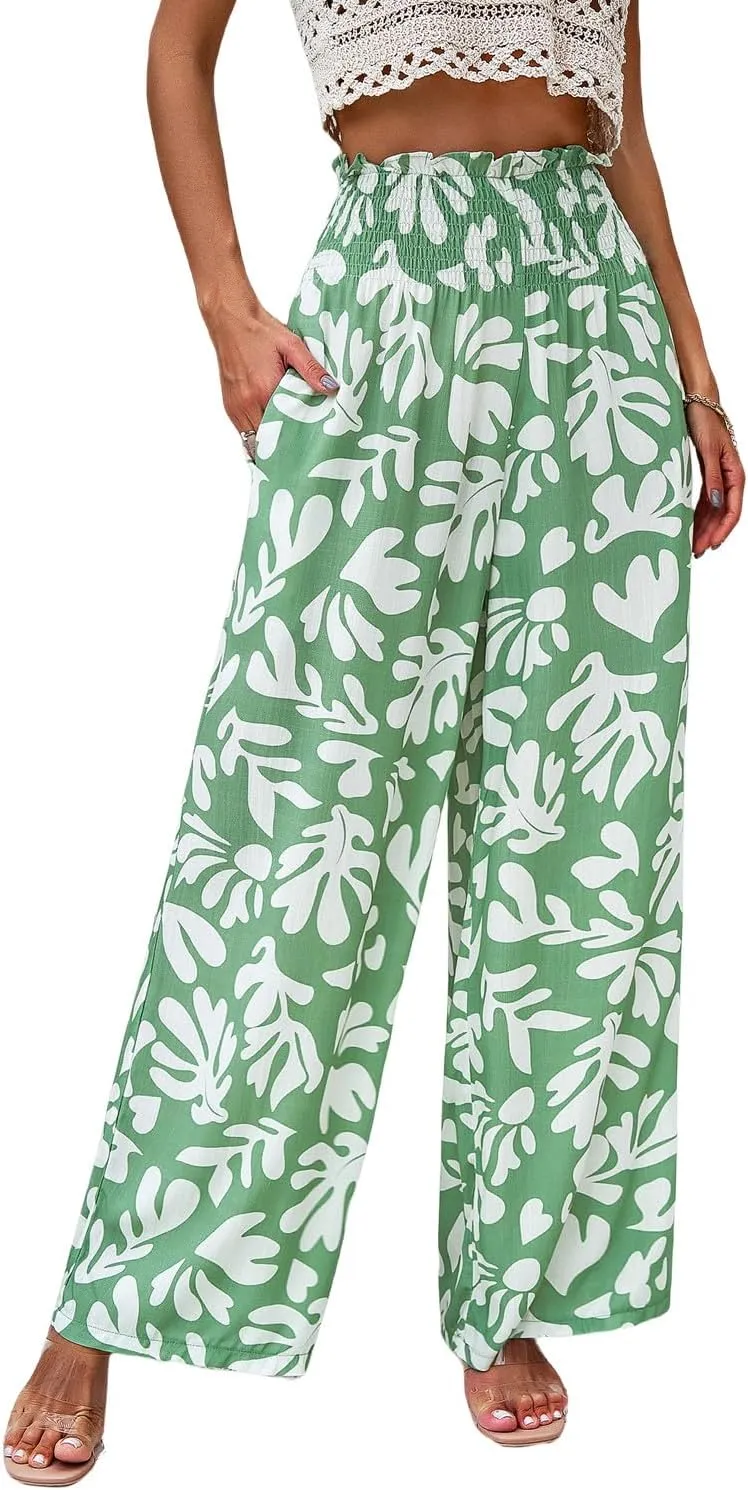 QegarTop Women's Linen Summer Palazzo Pants 2024 Flowy Wide Leg Beach Boho Trousers with Pockets