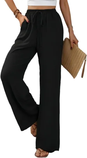 QegarTop Women's Linen Summer Palazzo Pants 2024 Flowy Wide Leg Beach Boho Trousers with Pockets