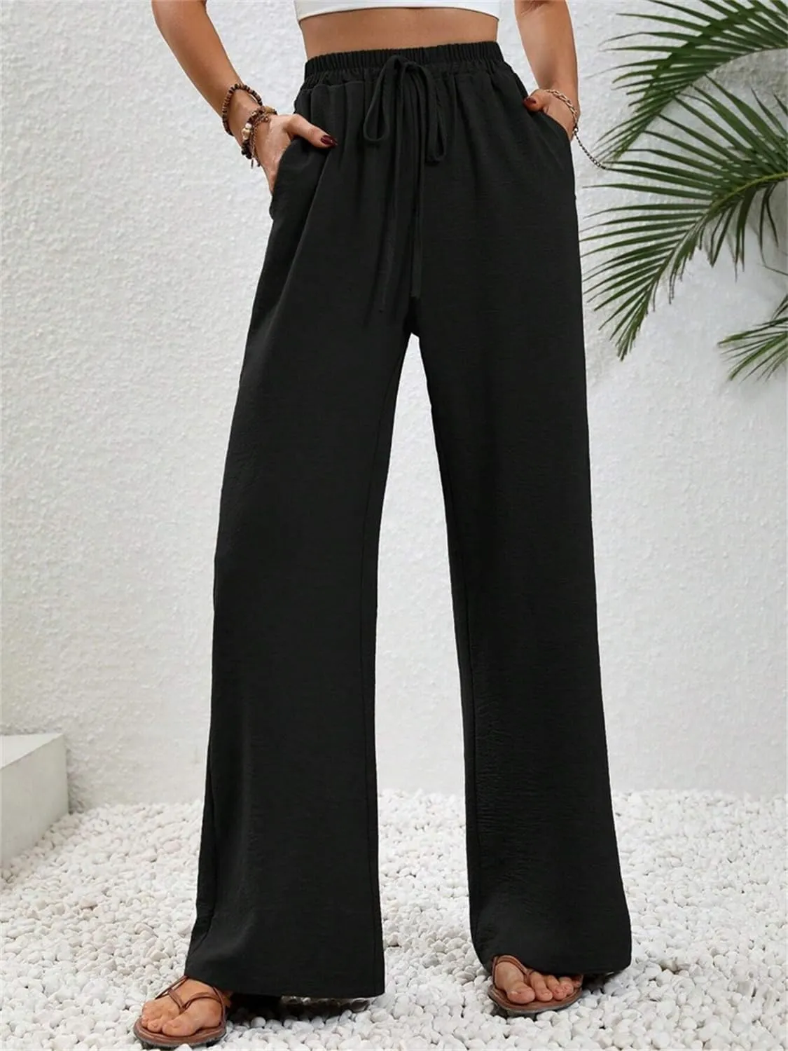 QegarTop Women's Linen Summer Palazzo Pants 2024 Flowy Wide Leg Beach Boho Trousers with Pockets