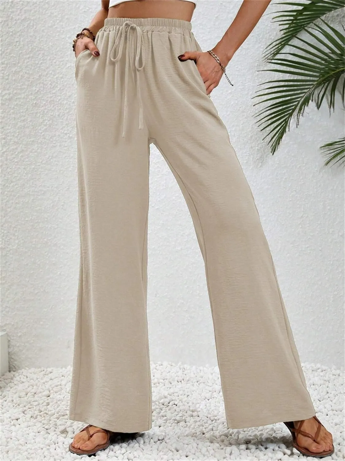 QegarTop Women's Linen Summer Palazzo Pants 2024 Flowy Wide Leg Beach Boho Trousers with Pockets
