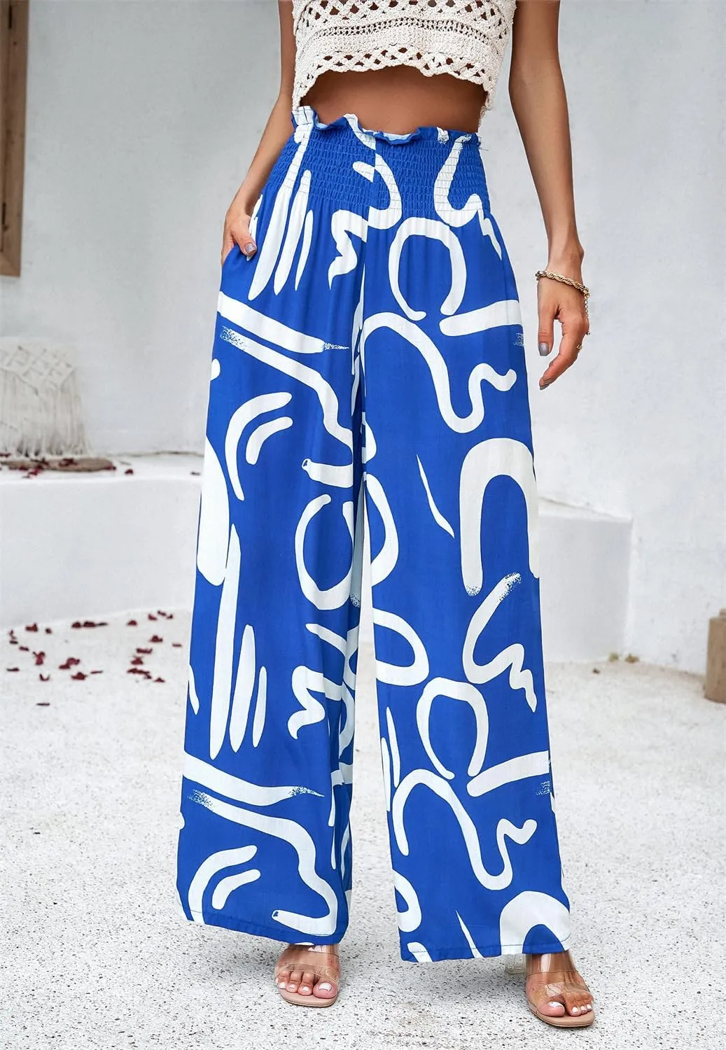 QegarTop Women's Linen Summer Palazzo Pants 2024 Flowy Wide Leg Beach Boho Trousers with Pockets