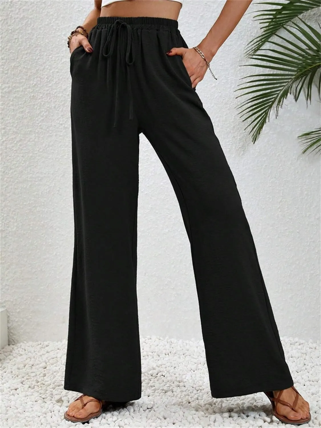 QegarTop Women's Linen Summer Palazzo Pants 2024 Flowy Wide Leg Beach Boho Trousers with Pockets