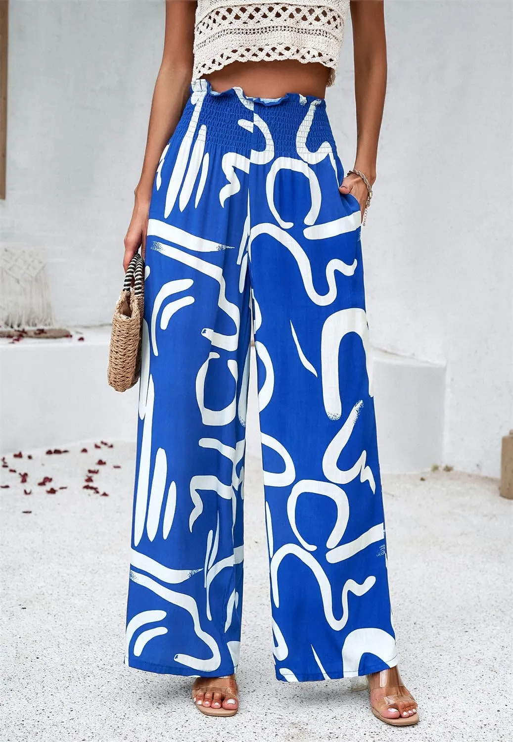 QegarTop Women's Linen Summer Palazzo Pants 2024 Flowy Wide Leg Beach Boho Trousers with Pockets