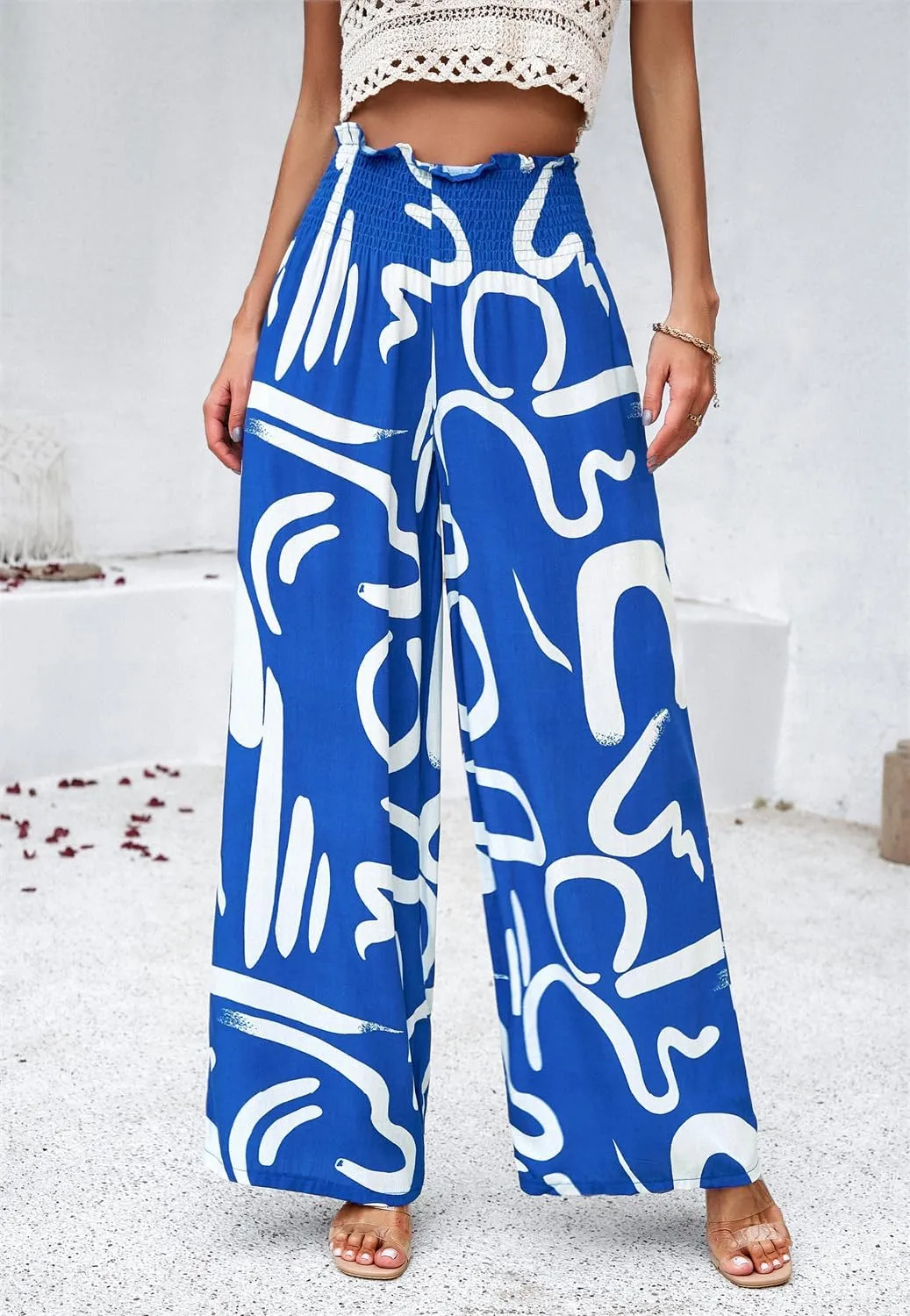 QegarTop Women's Linen Summer Palazzo Pants 2024 Flowy Wide Leg Beach Boho Trousers with Pockets