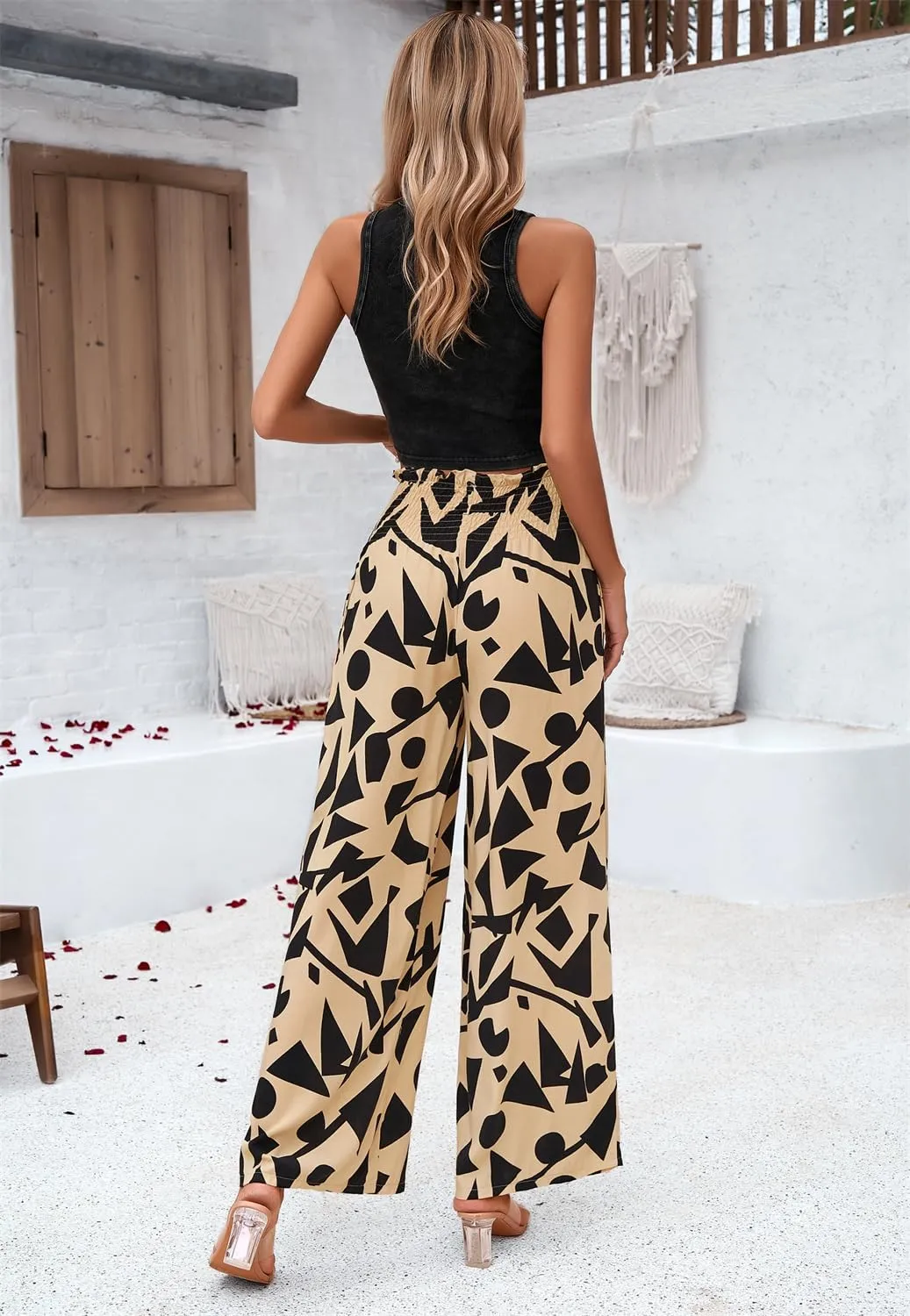 QegarTop Women's Linen Summer Palazzo Pants 2024 Flowy Wide Leg Beach Boho Trousers with Pockets