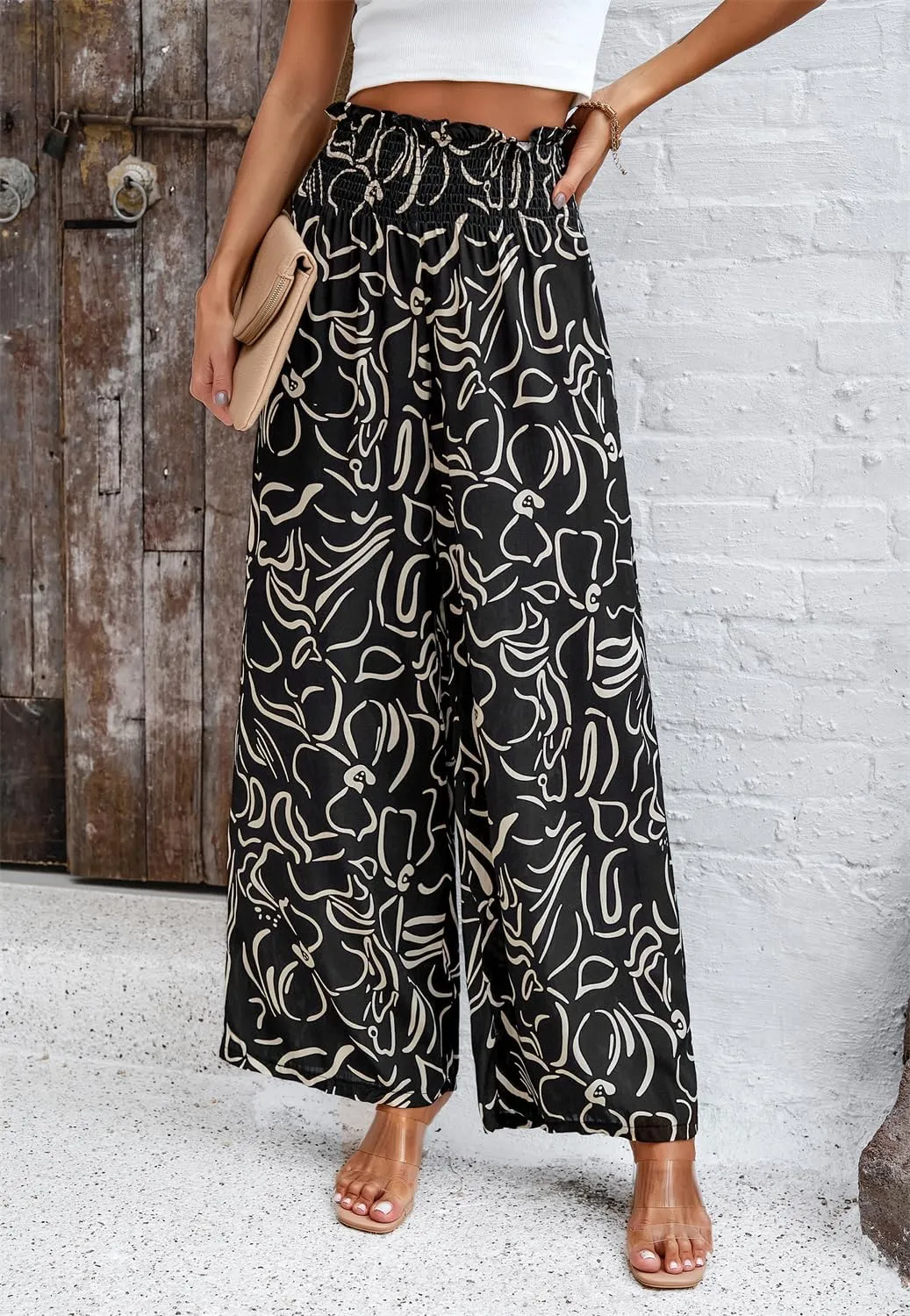 QegarTop Women's Linen Summer Palazzo Pants 2024 Flowy Wide Leg Beach Boho Trousers with Pockets