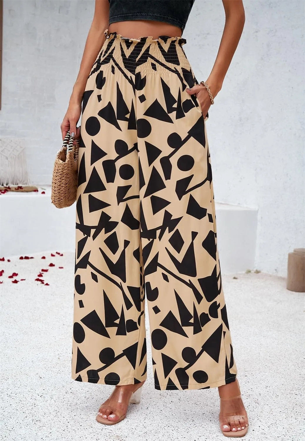 QegarTop Women's Linen Summer Palazzo Pants 2024 Flowy Wide Leg Beach Boho Trousers with Pockets