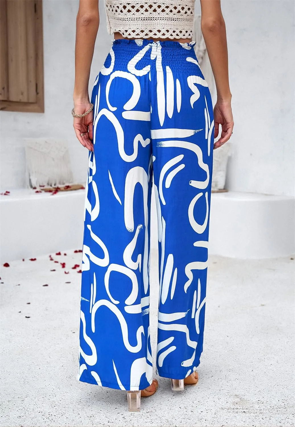 QegarTop Women's Linen Summer Palazzo Pants 2024 Flowy Wide Leg Beach Boho Trousers with Pockets