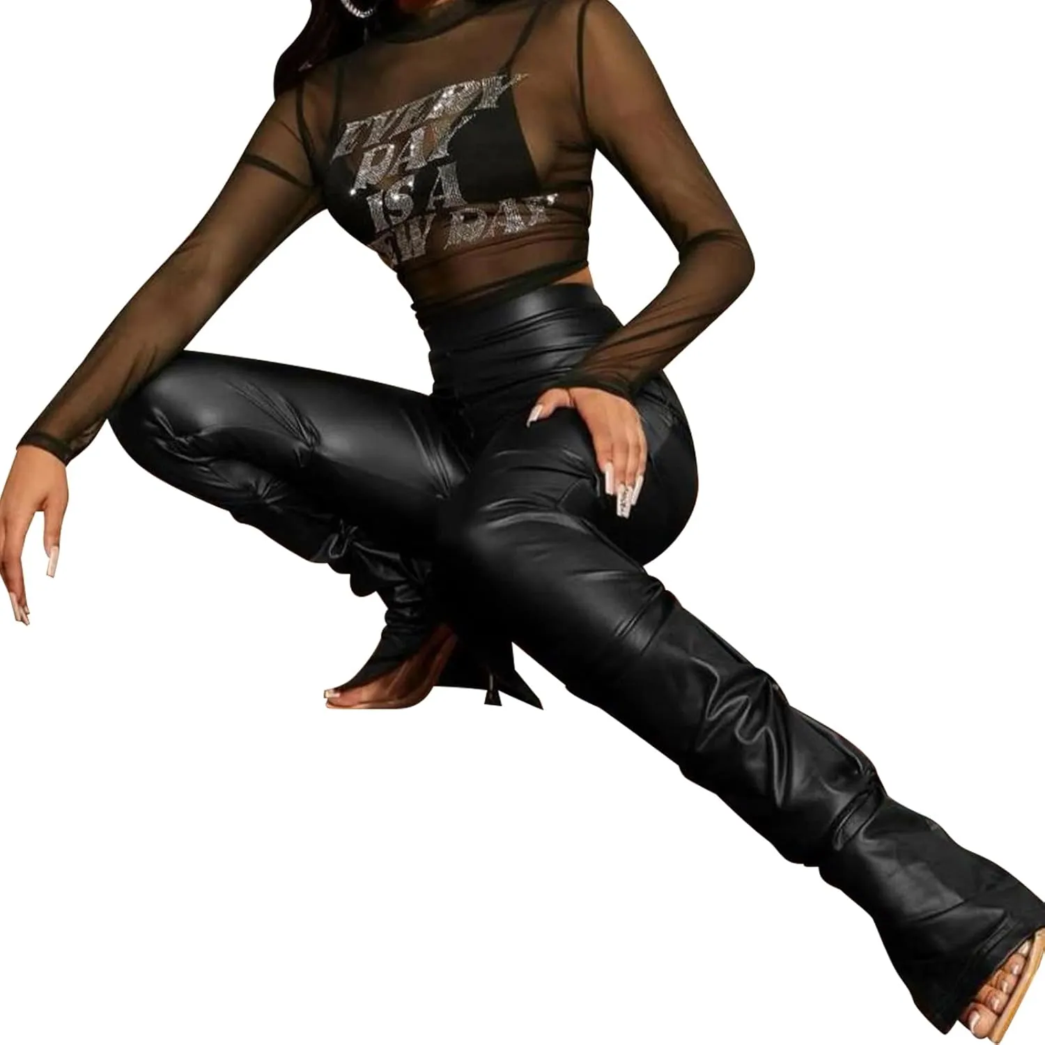 Sexy Women Faux Leather Leggings High Waisted Pleated Leather Tights Splits Hem Stacked Pants