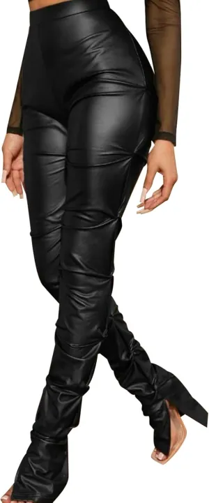 Sexy Women Faux Leather Leggings High Waisted Pleated Leather Tights Splits Hem Stacked Pants