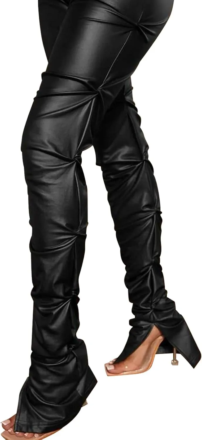 Sexy Women Faux Leather Leggings High Waisted Pleated Leather Tights Splits Hem Stacked Pants