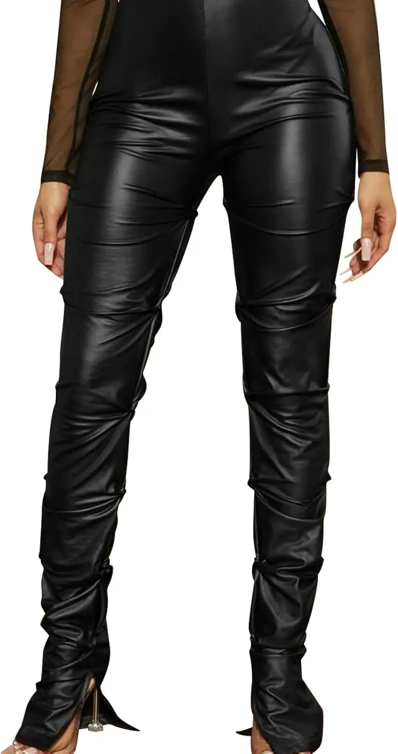 Sexy Women Faux Leather Leggings High Waisted Pleated Leather Tights Splits Hem Stacked Pants