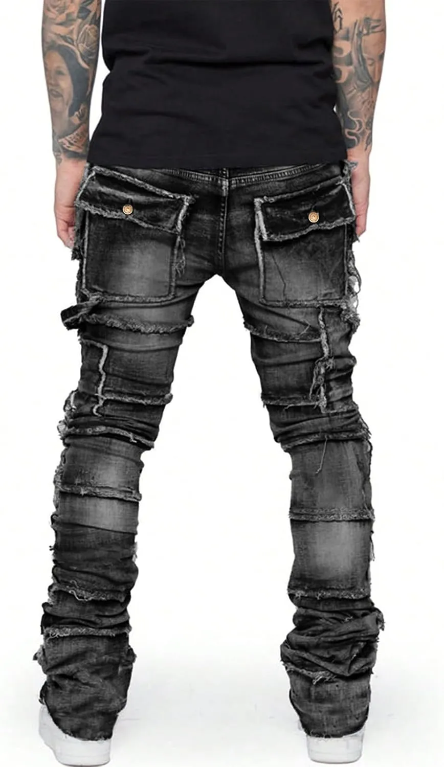 Stretch Stacked Jeans Mens Slim Fit Ripped Cargo Jeans Distressed Straight Leg Hip Hop Trousers with Pockets