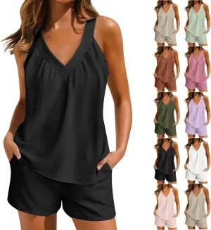Summer Linen Sets for Women 2 Piece Casual High Waisted Shorts Halter V Neck T Shirt Matching Two Piece Beach Outfits