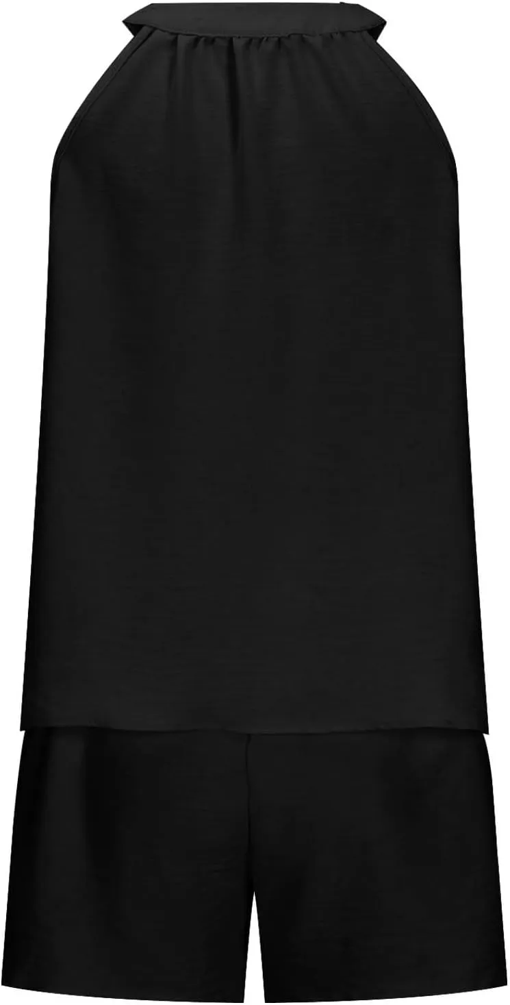 Summer Linen Sets for Women 2 Piece Casual High Waisted Shorts Halter V Neck T Shirt Matching Two Piece Beach Outfits