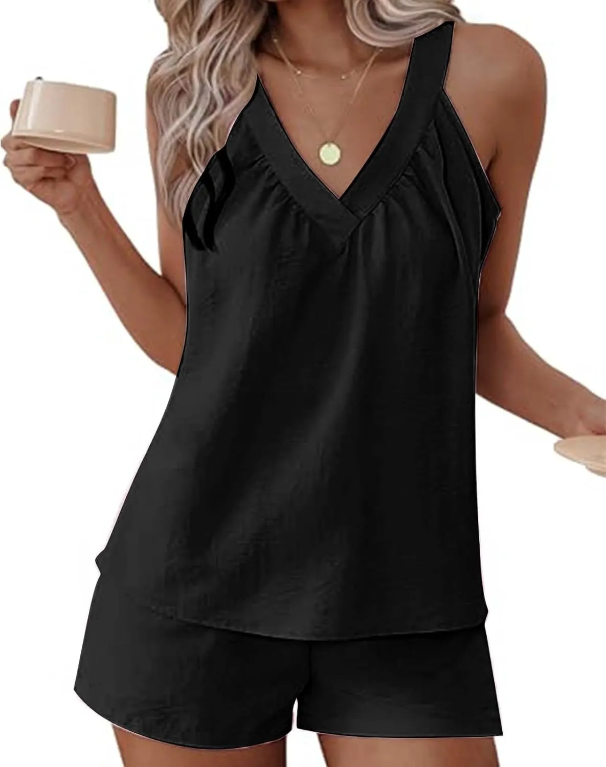 Summer Linen Sets for Women 2 Piece Casual High Waisted Shorts Halter V Neck T Shirt Matching Two Piece Beach Outfits
