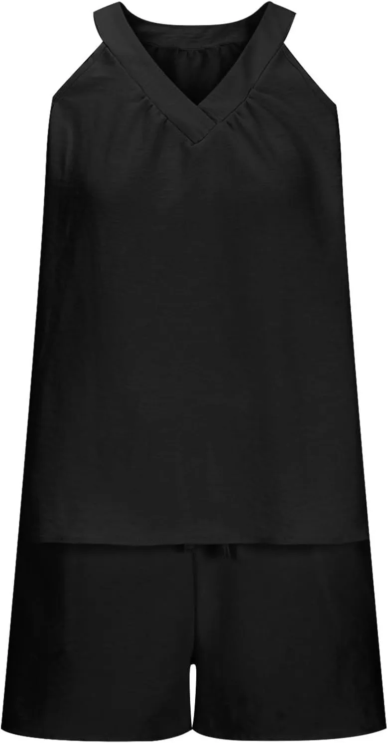 Summer Linen Sets for Women 2 Piece Casual High Waisted Shorts Halter V Neck T Shirt Matching Two Piece Beach Outfits