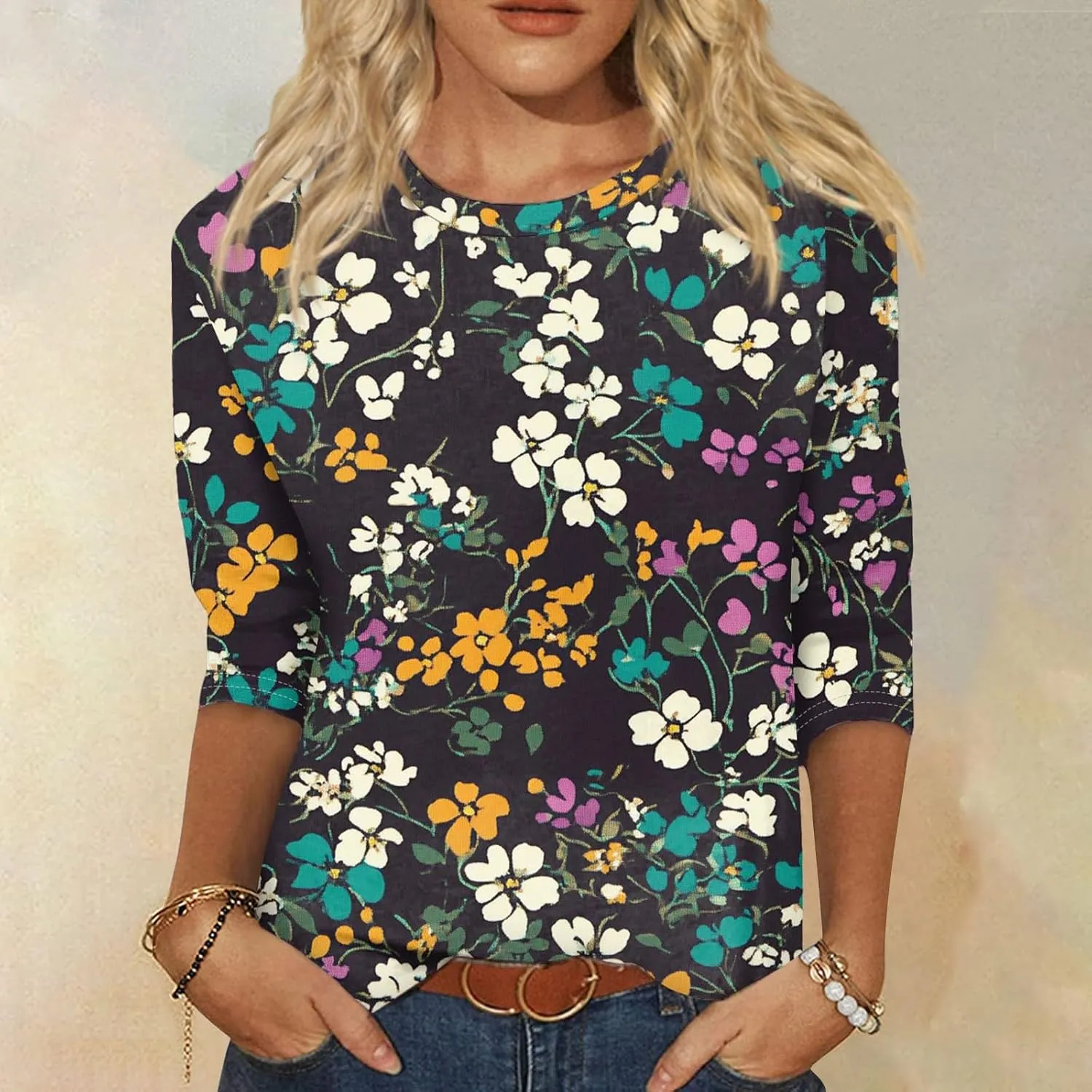 Summer Tops for Women 2025 Beach Vacation 3/4 Sleeve Print T-Shirts Plus Size Crewneck Going Out Shirts Loose Tunic