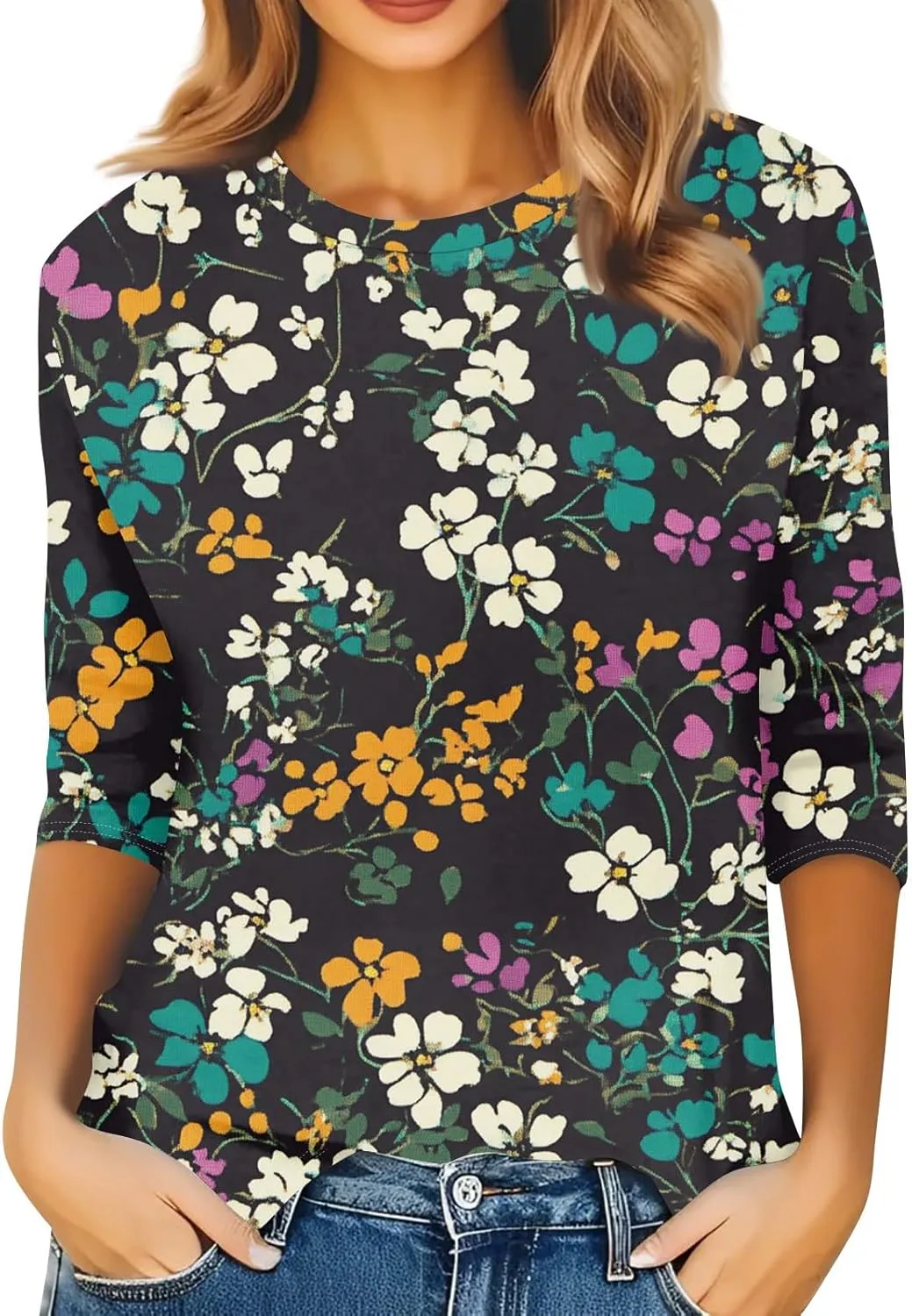 Summer Tops for Women 2025 Beach Vacation 3/4 Sleeve Print T-Shirts Plus Size Crewneck Going Out Shirts Loose Tunic