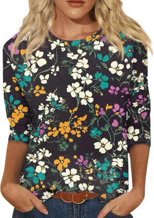Summer Tops for Women 2025 Beach Vacation 3/4 Sleeve Print T-Shirts Plus Size Crewneck Going Out Shirts Loose Tunic