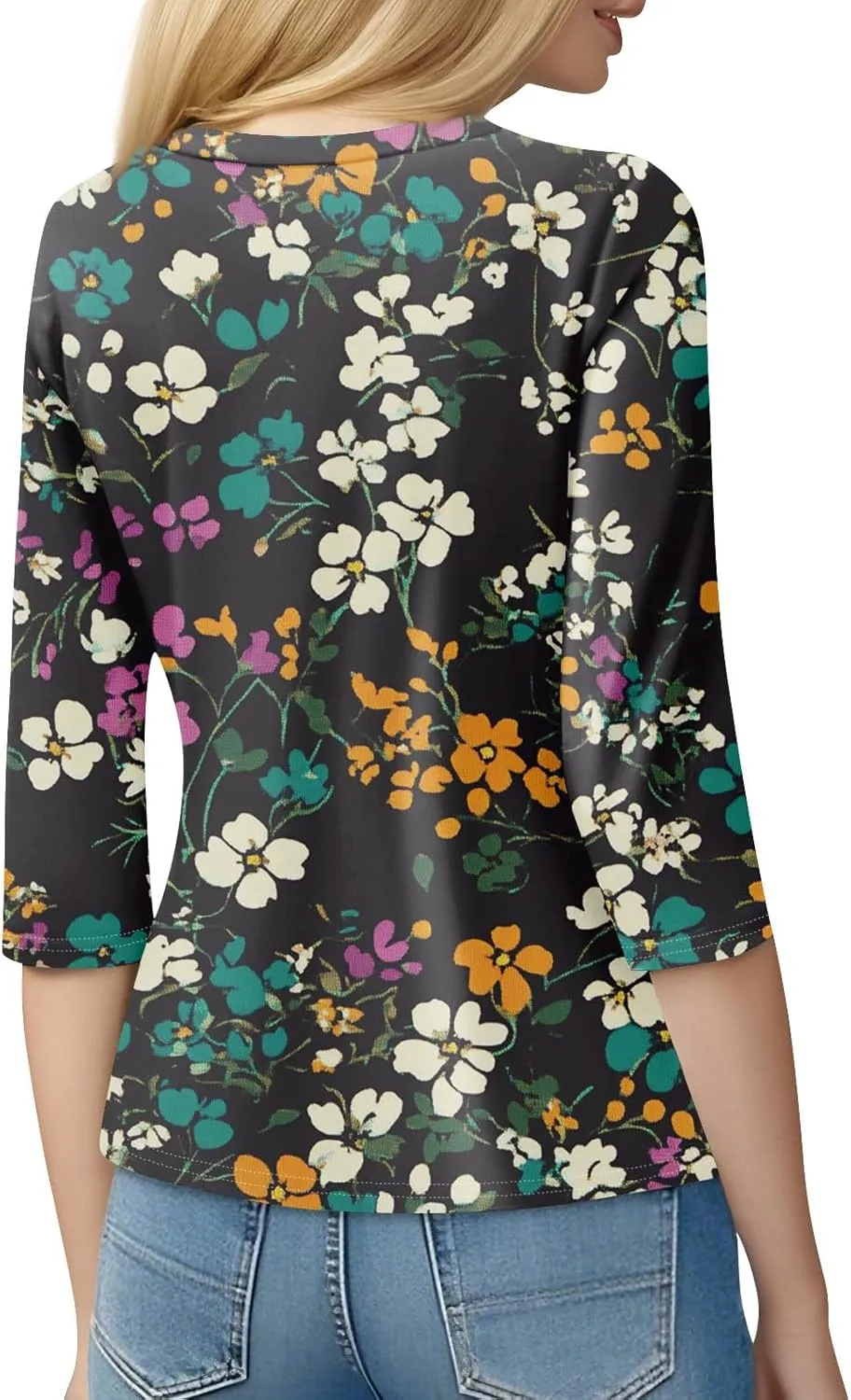 Summer Tops for Women 2025 Beach Vacation 3/4 Sleeve Print T-Shirts Plus Size Crewneck Going Out Shirts Loose Tunic