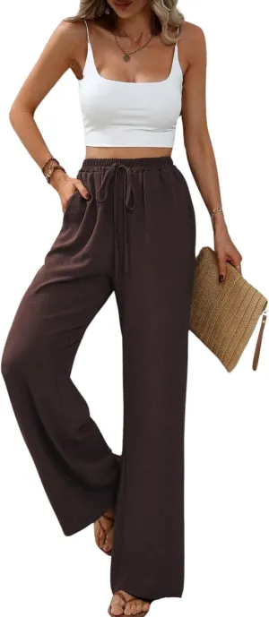 Summer Women's Casual Palazzo Pants Elastic High Waisted Trendy Flowy Wide Leg Beach Trousers with Pockets