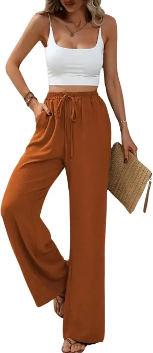 Summer Women's Casual Palazzo Pants Elastic High Waisted Trendy Flowy Wide Leg Beach Trousers with Pockets