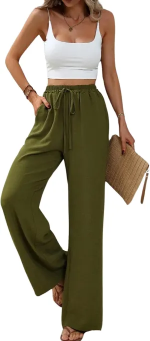 Summer Women's Casual Palazzo Pants Elastic High Waisted Trendy Flowy Wide Leg Beach Trousers with Pockets