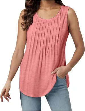 Tank Tops for Women 2025 Summer Sleeveless Pleated Crewneck Shirts Dressy Casual Beach Vacation Clothes