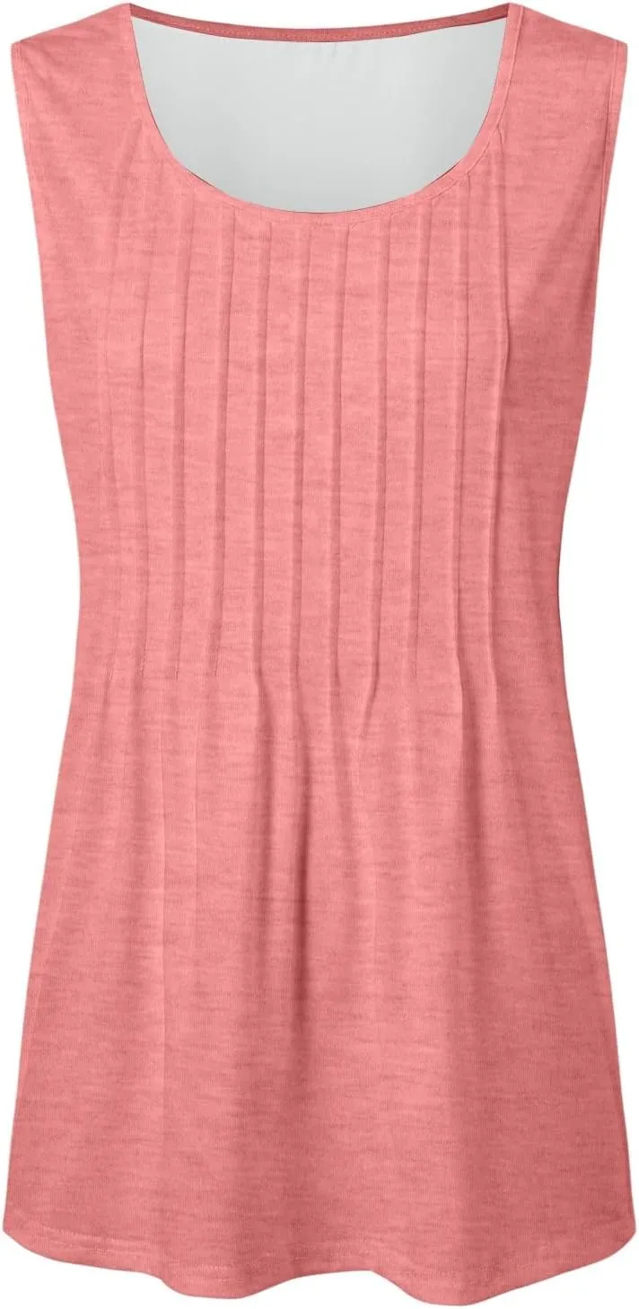 Tank Tops for Women 2025 Summer Sleeveless Pleated Crewneck Shirts Dressy Casual Beach Vacation Clothes