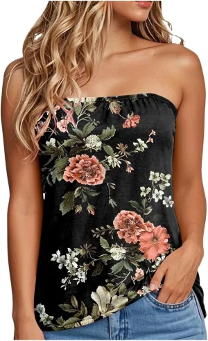 Tank Tops for Women 2025 Trendy Causal Print Strapless Tanks Tube Blouses Summer Backless Sexy T Shirts
