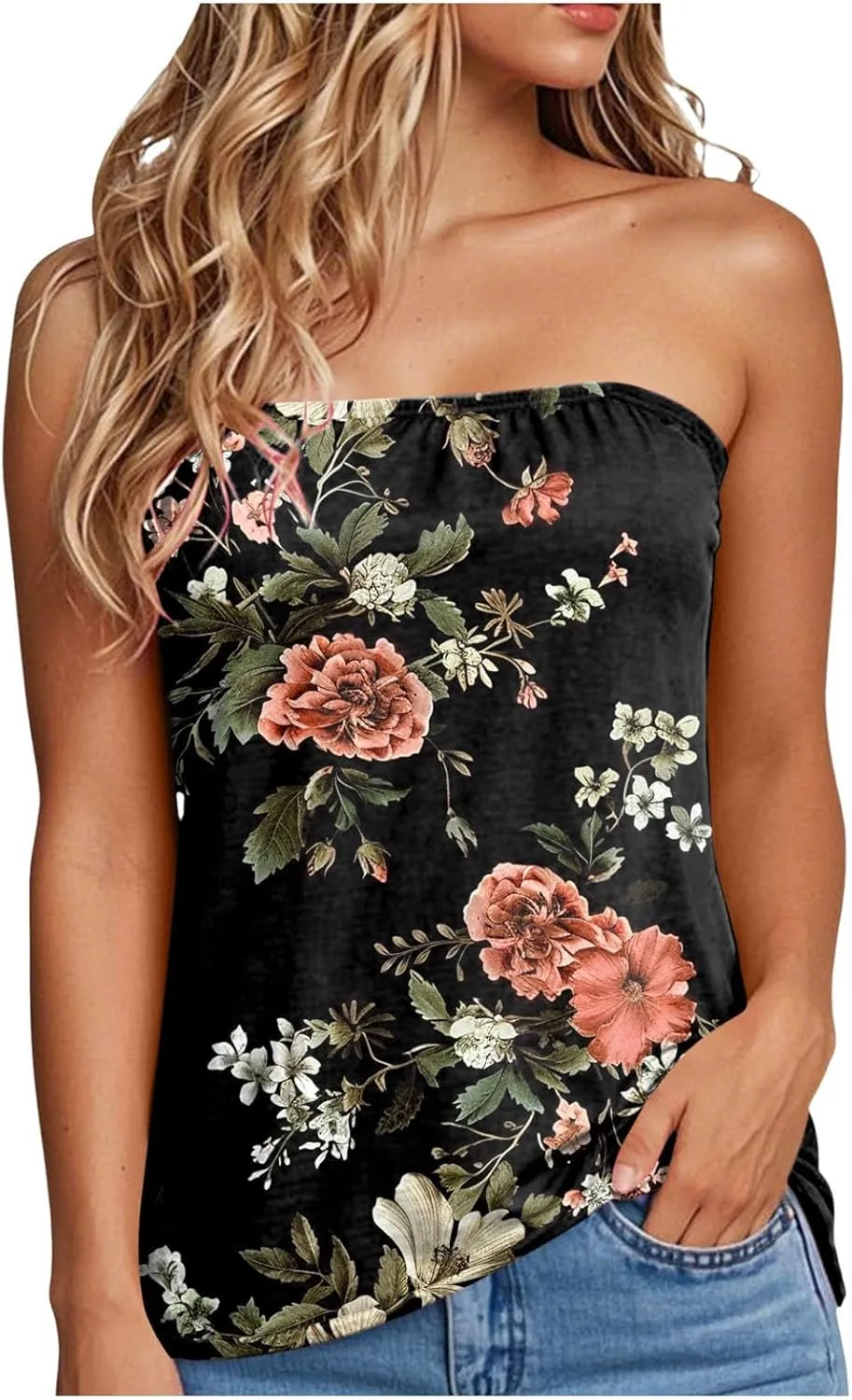 Tank Tops for Women 2025 Trendy Causal Print Strapless Tanks Tube Blouses Summer Backless Sexy T Shirts