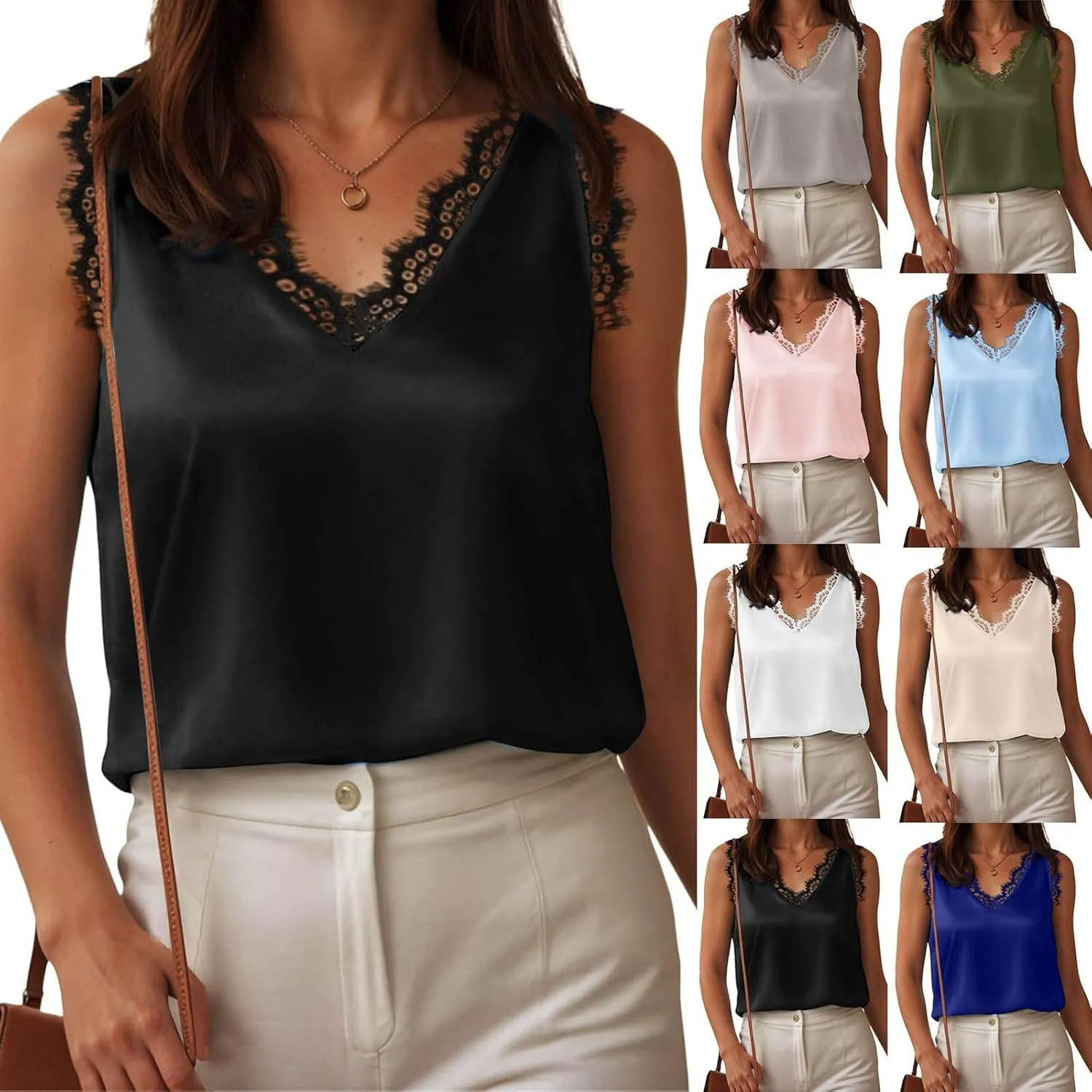 Tank Tops for Women Summer Tank Top V Neck Silk Satin Blouse Sleeveless Shirt Business Casual Dressy Clothes