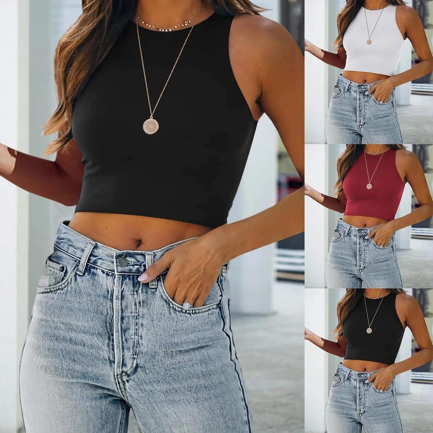 Tank Tops for Women Trendy Causal Sleeveless Crewneck Knit Slim Fitted Side Ruched Casual Basic Tshirts