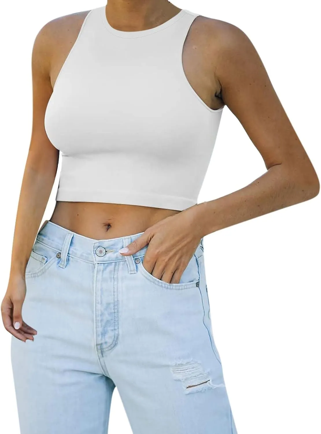 Tank Tops for Women Trendy Causal Sleeveless Crewneck Knit Slim Fitted Side Ruched Casual Basic Tshirts