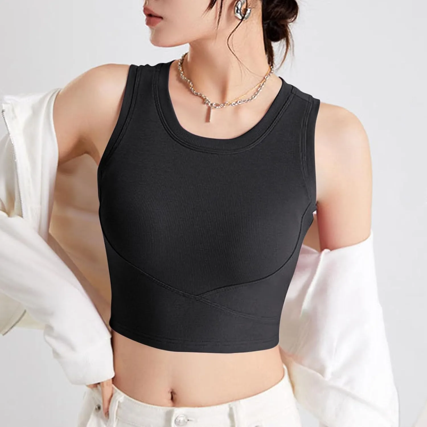 Tanks with Built in Bra Support U Neck Sleeveless Basic Undershirts Trendy Lightweight Smooth Turtleneck Camisole