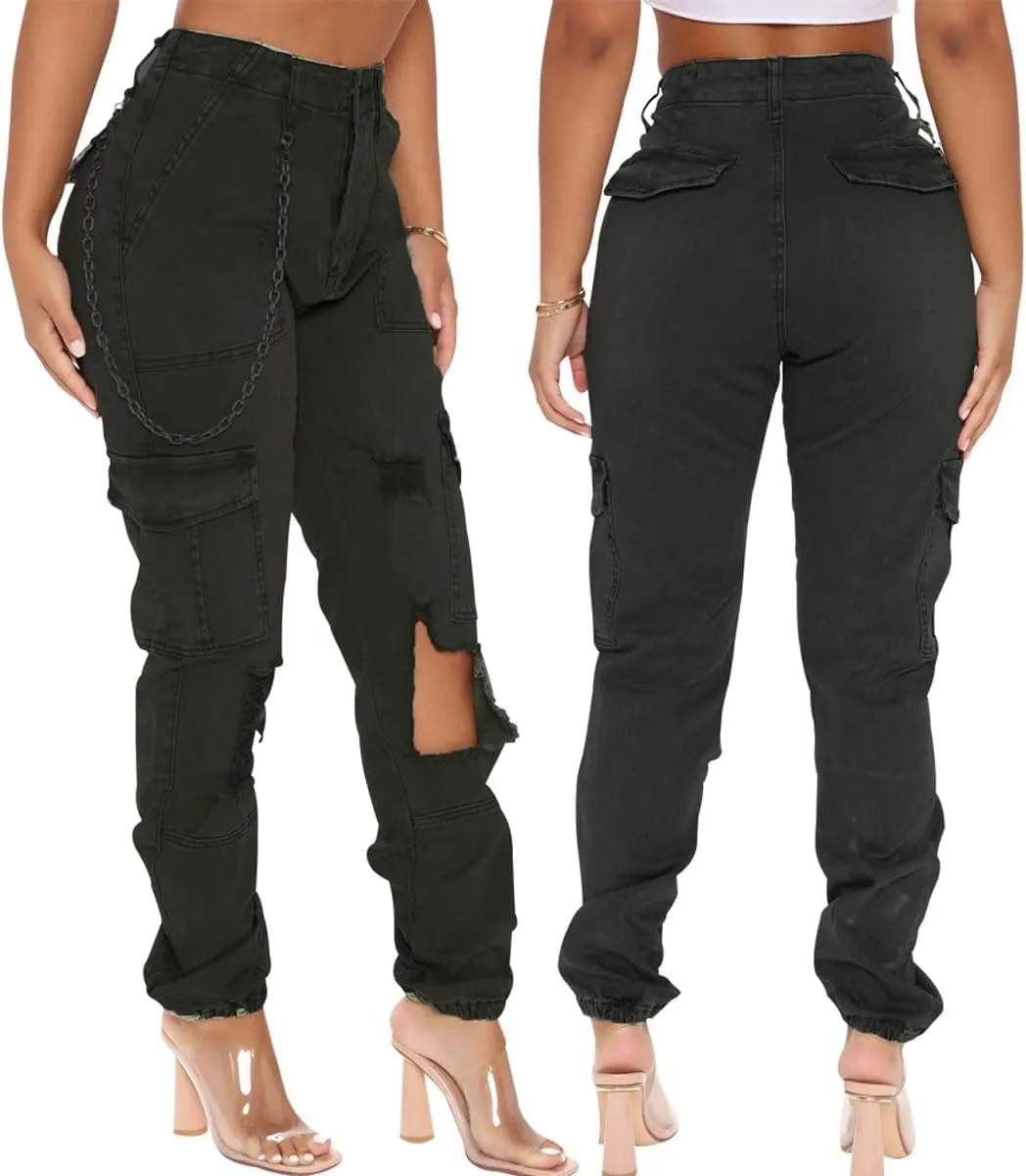 ThusFar Camo Cargo Pants for Women High Waisted Camoflage Slim Fit Ripped Trousers Sweatpants with Pockets