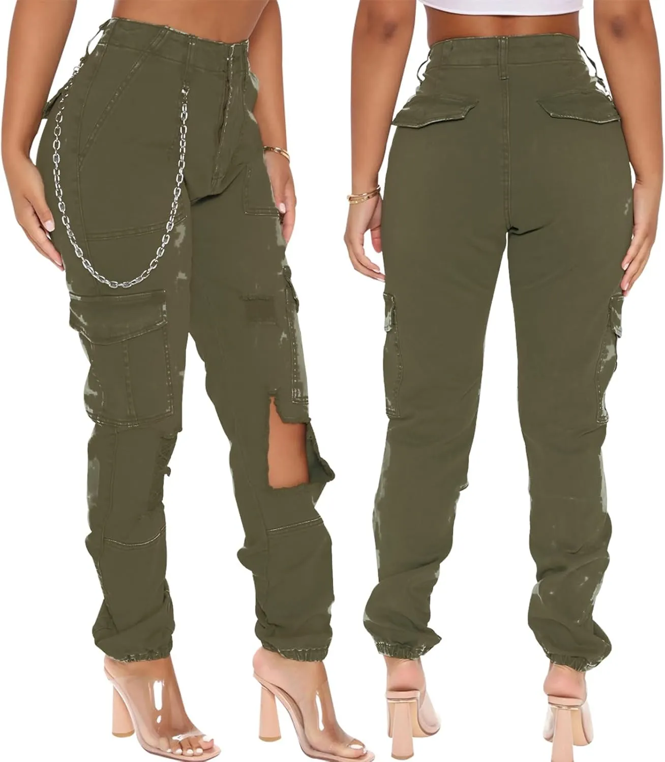 ThusFar Camo Cargo Pants for Women High Waisted Camoflage Slim Fit Ripped Trousers Sweatpants with Pockets