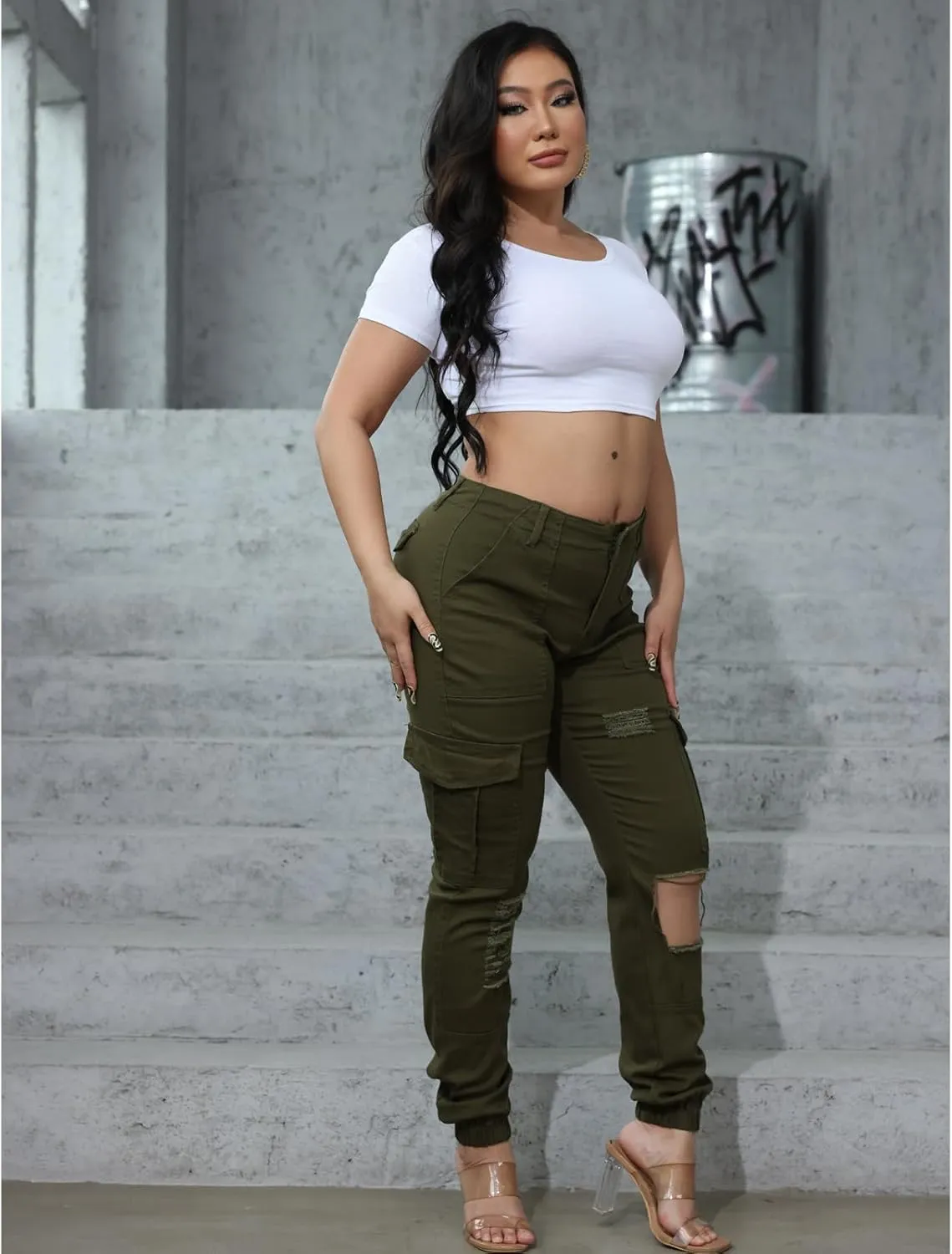 ThusFar Camo Cargo Pants for Women High Waisted Camoflage Slim Fit Ripped Trousers Sweatpants with Pockets